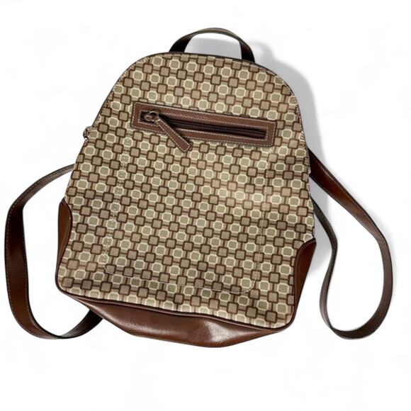 Nine West Y2K Era Brown Geometric Print Canvas Backpack Travel School Work - Picture 1 of 11